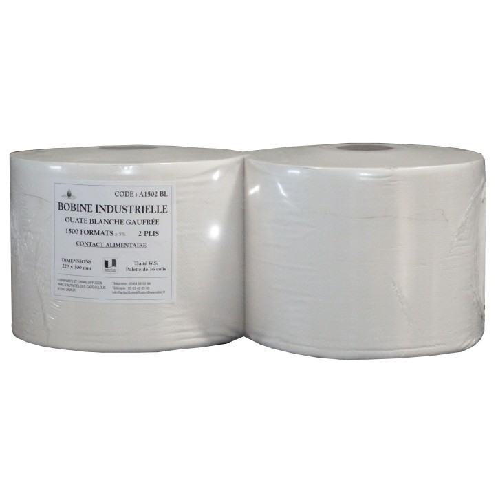 BOBINE PURE OUATE BLANCHE 1500 FORMATS  GAUFRE COLLE